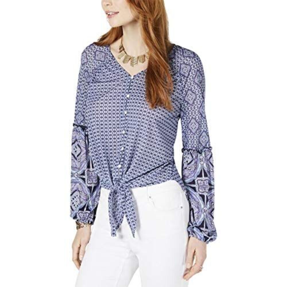 Style & Co Mixed Print Tie Front Button Up Top